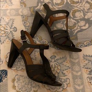 FrancoSarto: black leather sandals 3” wood heel